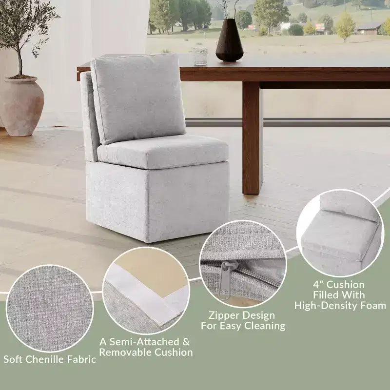 WestinTrends Soho Chaises de salle à manger modernes rembourrées sans accoudoirs en chenille avec roulettes (lot de 4), gris clair