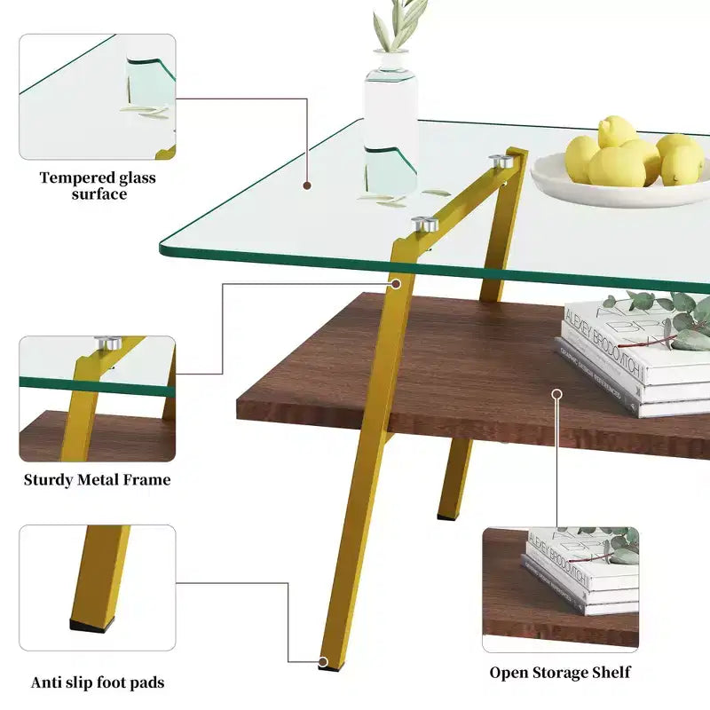 Table basse rectangulaire, plateau en verre trempé avec pieds en métal doré, table moderne pour le salon, verre transparent