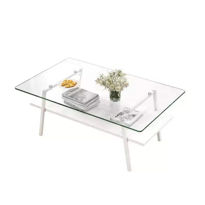Table basse rectangulaire, plateau en verre trempé avec pieds en métal doré, table moderne pour le salon, verre transparent