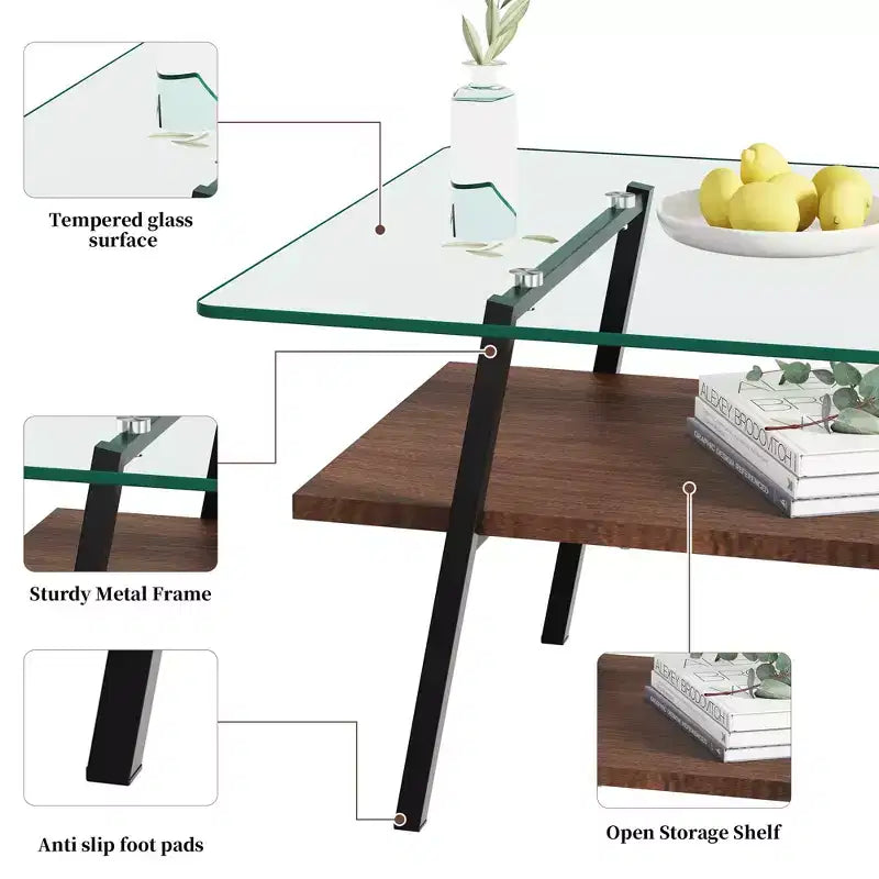 Table basse rectangulaire, plateau en verre trempé avec pieds en métal doré, table moderne pour le salon, verre transparent