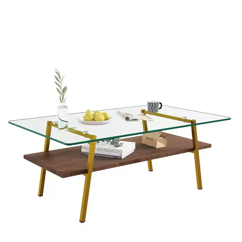Table basse rectangulaire, plateau en verre trempé avec pieds en métal doré, table moderne pour le salon, verre transparent