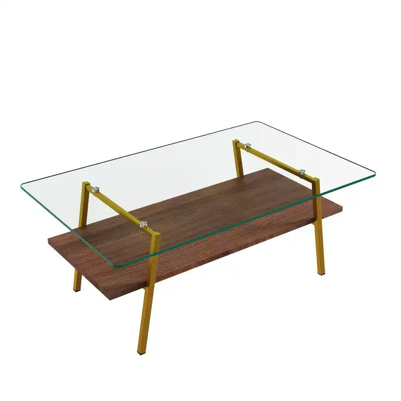 Table basse rectangulaire, plateau en verre trempé avec pieds en métal doré, table moderne pour le salon, verre transparent