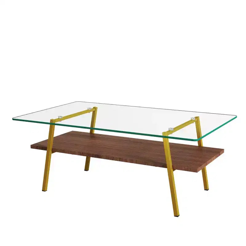 Table basse rectangulaire, plateau en verre trempé avec pieds en métal doré, table moderne pour le salon, verre transparent