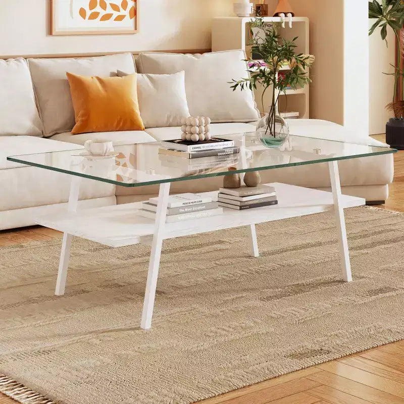 Table basse rectangulaire, plateau en verre trempé avec pieds en métal doré, table moderne pour le salon, verre transparent