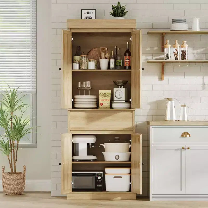 Meuble de cuisine, Grand meuble de rangement avec portes en rotin et étagères réglables, Armoire sur pied avec tiroir