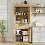 Meuble de cuisine, Grand meuble de rangement avec portes en rotin et étagères réglables, Armoire sur pied avec tiroir