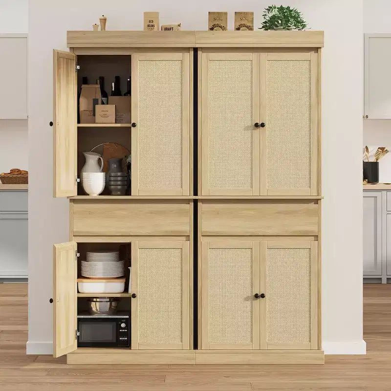 Meuble de cuisine, Grand meuble de rangement avec portes en rotin et étagères réglables, Armoire sur pied avec tiroir