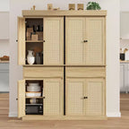 Meuble de cuisine, Grand meuble de rangement avec portes en rotin et étagères réglables, Armoire sur pied avec tiroir