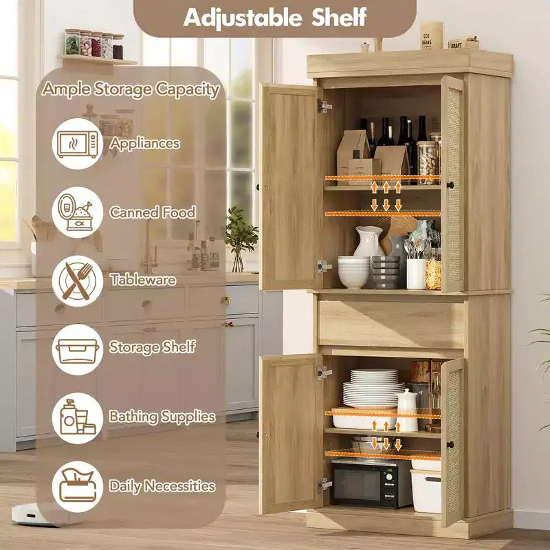 Meuble de cuisine, Grand meuble de rangement avec portes en rotin et étagères réglables, Armoire sur pied avec tiroir