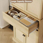 Meuble de cuisine, Grand meuble de rangement avec portes en rotin et étagères réglables, Armoire sur pied avec tiroir