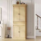 Meuble de cuisine, Grand meuble de rangement avec portes en rotin et étagères réglables, Armoire sur pied avec tiroir