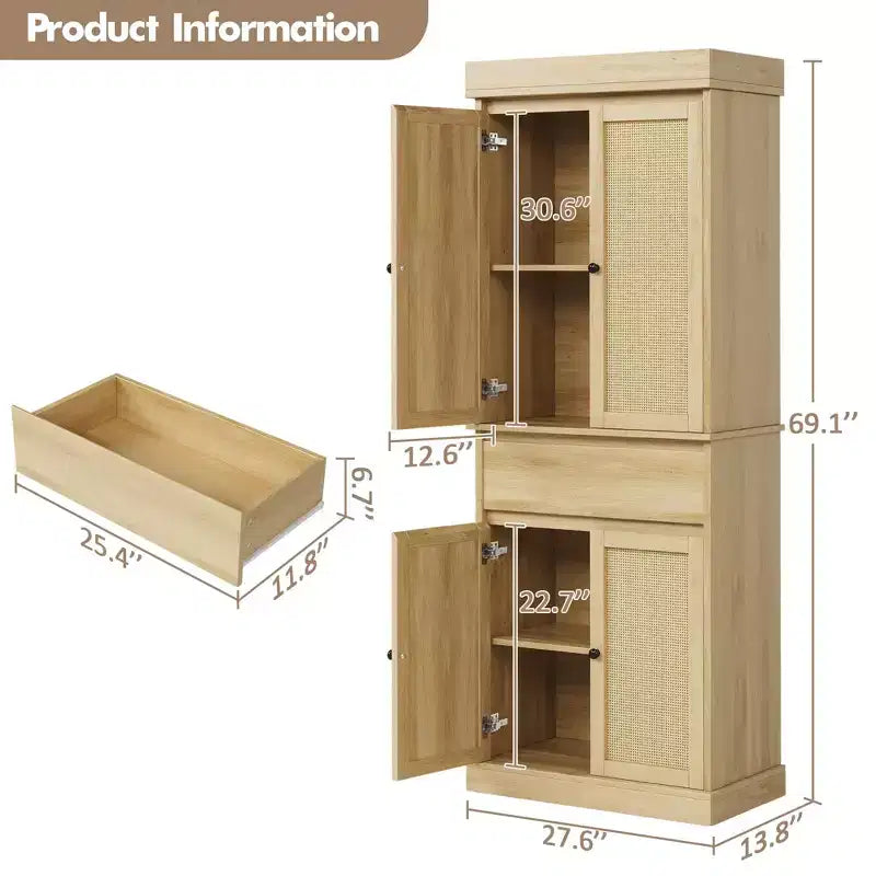Meuble de cuisine, Grand meuble de rangement avec portes en rotin et étagères réglables, Armoire sur pied avec tiroir