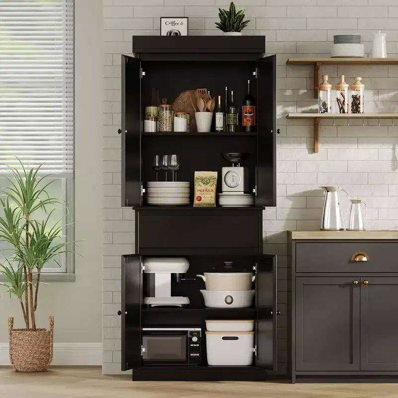 Meuble de cuisine, Grand meuble de rangement avec portes en rotin et étagères réglables, Armoire sur pied avec tiroir
