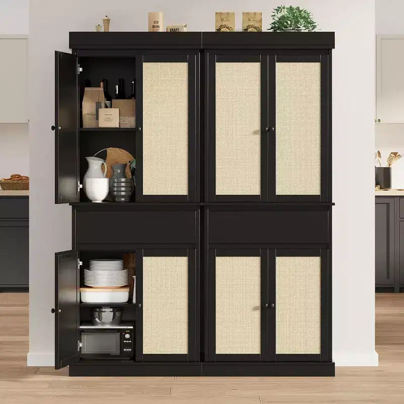 Meuble de cuisine, Grand meuble de rangement avec portes en rotin et étagères réglables, Armoire sur pied avec tiroir