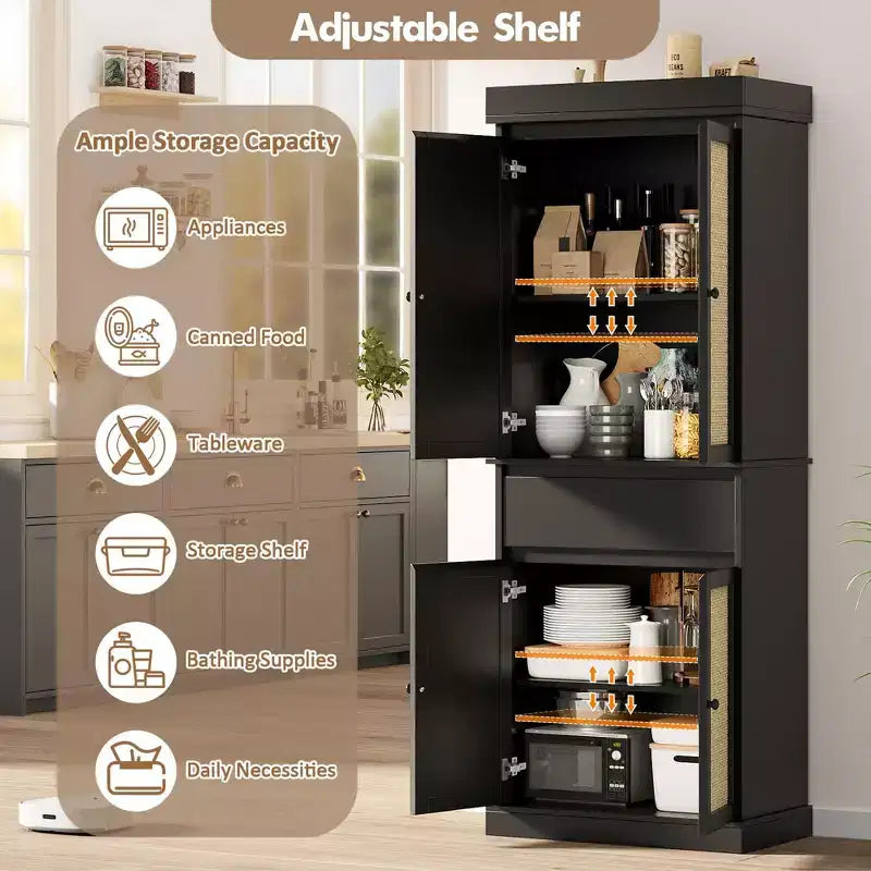Meuble de cuisine, Grand meuble de rangement avec portes en rotin et étagères réglables, Armoire sur pied avec tiroir