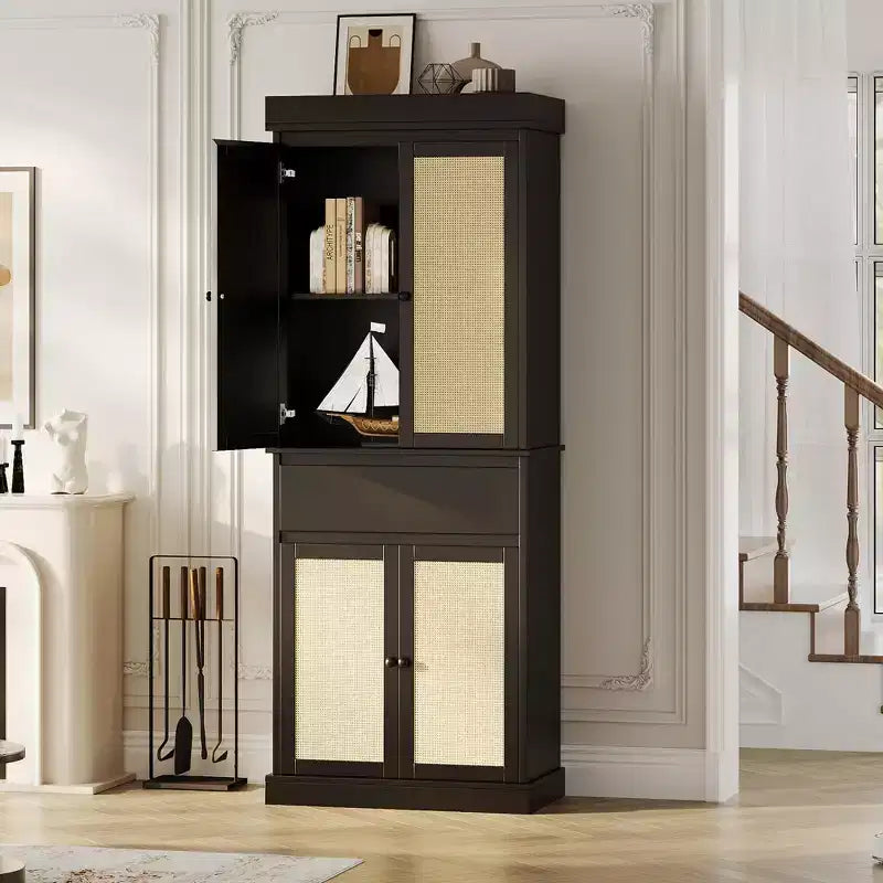 Meuble de cuisine, Grand meuble de rangement avec portes en rotin et étagères réglables, Armoire sur pied avec tiroir