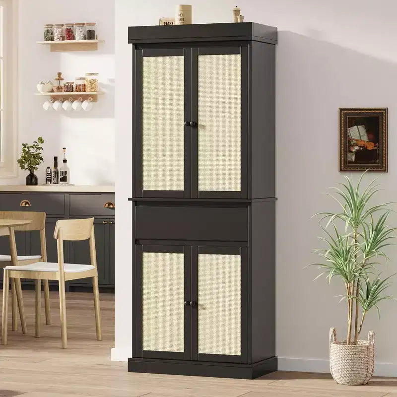 Kitchen Pantry Cabinet, Tall Storage Cabinet with Rattan Doors and Adjustable Shelves, Freestanding Cupboard with Drawer