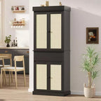 Kitchen Pantry Cabinet, Tall Storage Cabinet with Rattan Doors and Adjustable Shelves, Freestanding Cupboard with Drawer