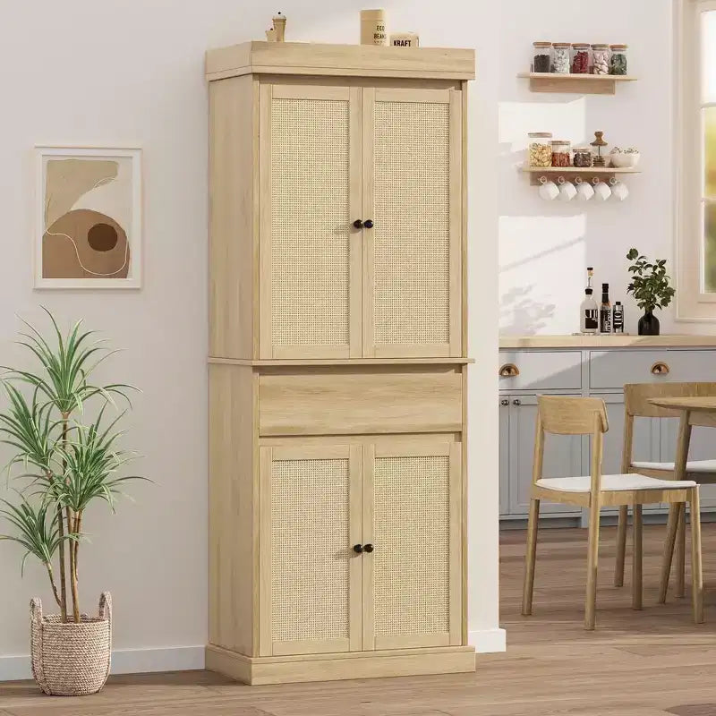 Meuble de cuisine, Grand meuble de rangement avec portes en rotin et étagères réglables, Armoire sur pied avec tiroir