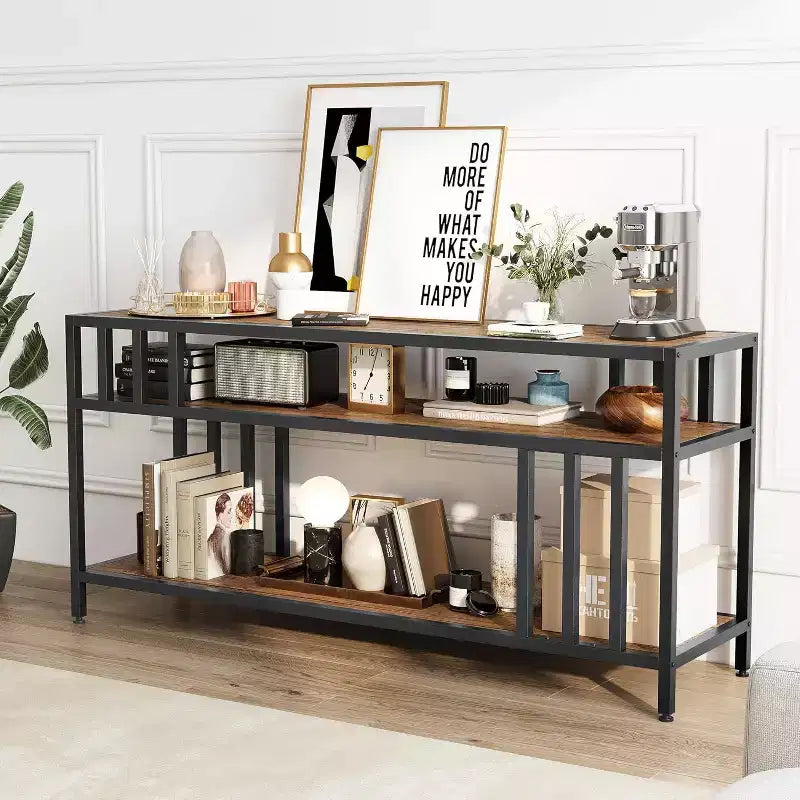 Meuble TV marron rustique de 65 pouces pour téléviseurs de 75 pouces - Meuble TV à support quadruple tube avec étagères ouvertes, console multimédia pour salon/chambre à coucher