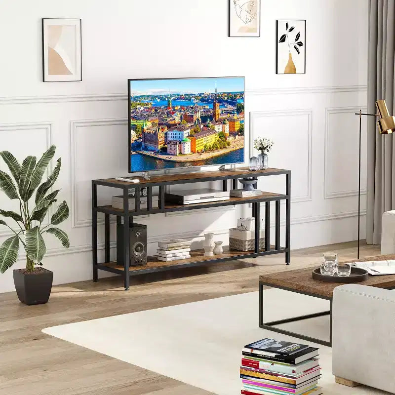 Meuble TV marron rustique de 65 pouces pour téléviseurs de 75 pouces - Meuble TV à support quadruple tube avec étagères ouvertes, console multimédia pour salon/chambre à coucher