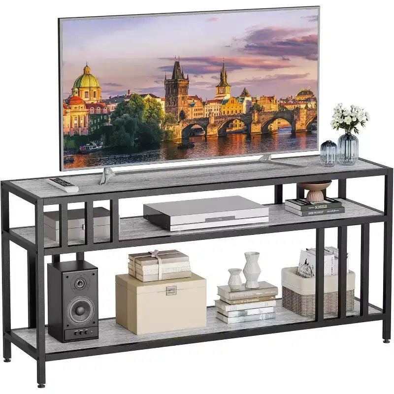 Meuble TV marron rustique de 65 pouces pour téléviseurs de 75 pouces - Meuble TV à support quadruple tube avec étagères ouvertes, console multimédia pour salon/chambre à coucher