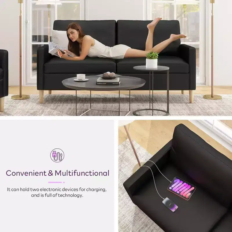 TYBOATLE 66 Canapé 2 places en similicuir noir avec USB, Canapé 2 places capitonné de style moderne du milieu du siècle pour petit espace, appartement, dortoir, chambre à coucher