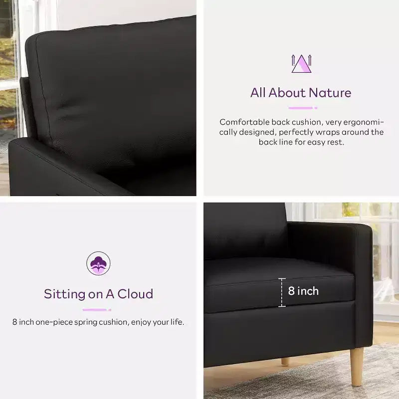 TYBOATLE 66 Canapé 2 places en similicuir noir avec USB, Canapé 2 places capitonné de style moderne du milieu du siècle pour petit espace, appartement, dortoir, chambre à coucher