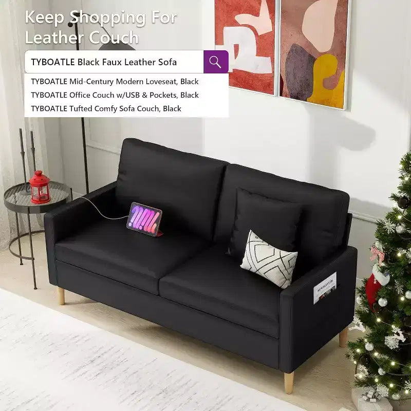 TYBOATLE 66 Canapé 2 places en similicuir noir avec USB, Canapé 2 places capitonné de style moderne du milieu du siècle pour petit espace, appartement, dortoir, chambre à coucher