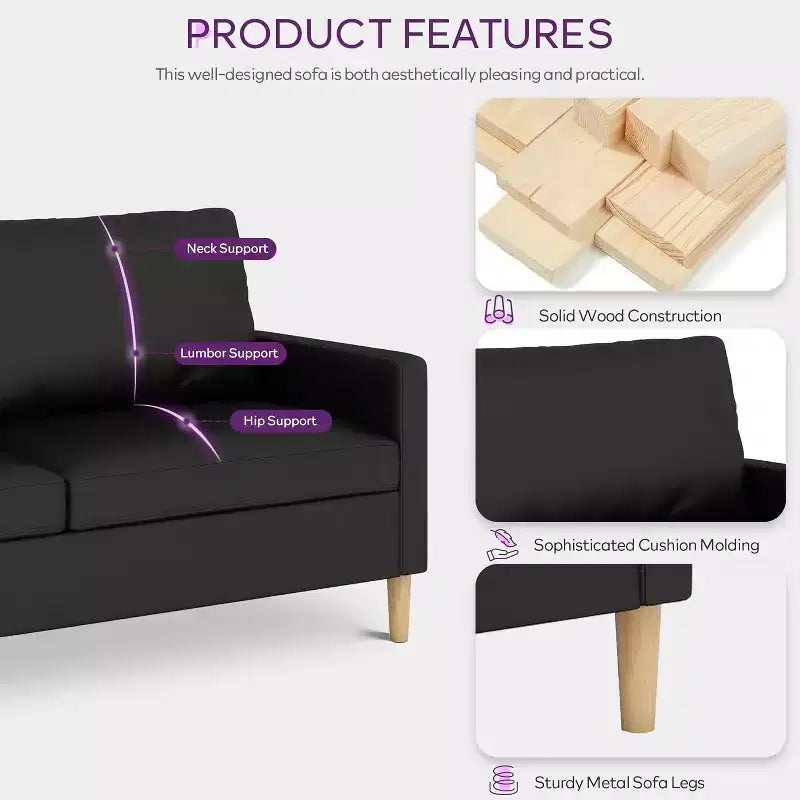 TYBOATLE 66 Canapé 2 places en similicuir noir avec USB, Canapé 2 places capitonné de style moderne du milieu du siècle pour petit espace, appartement, dortoir, chambre à coucher