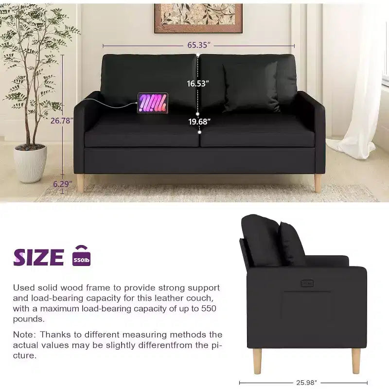 TYBOATLE 66 Canapé 2 places en similicuir noir avec USB, Canapé 2 places capitonné de style moderne du milieu du siècle pour petit espace, appartement, dortoir, chambre à coucher