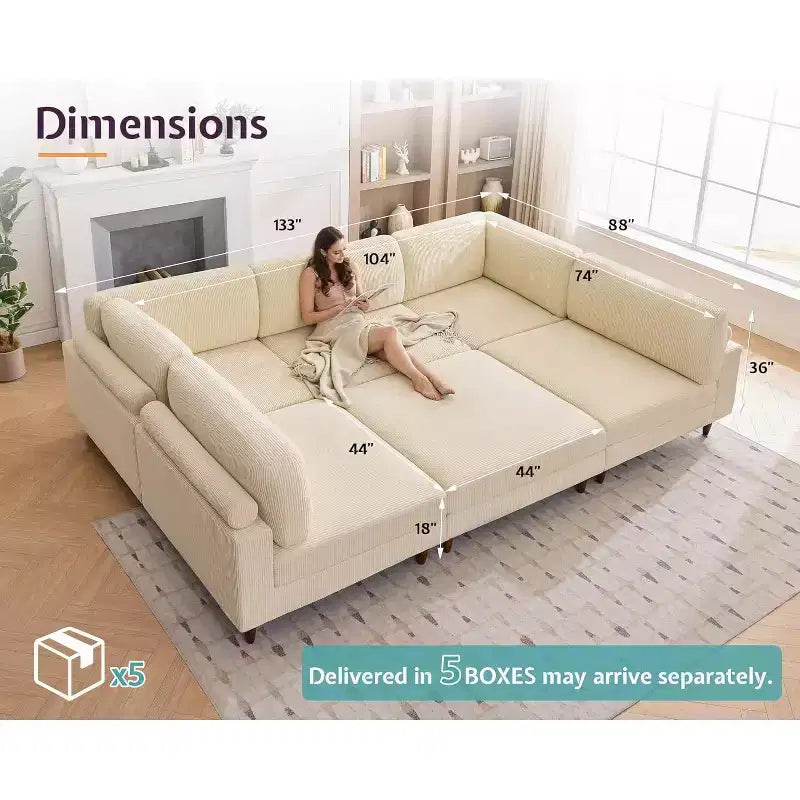 Canapé d'angle modulable AMERLIFE avec assise extra-profonde de 112 cm, grand canapé 6 places