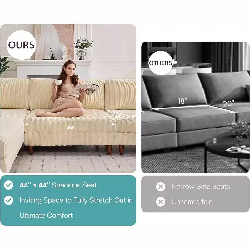 Canapé d'angle modulable AMERLIFE avec assise extra-profonde de 112 cm, grand canapé 6 places