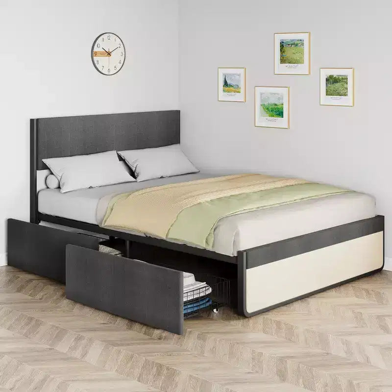 Upholstered Bed Frame with Headboard & Storage, Platform Foundation with 2 Drawers