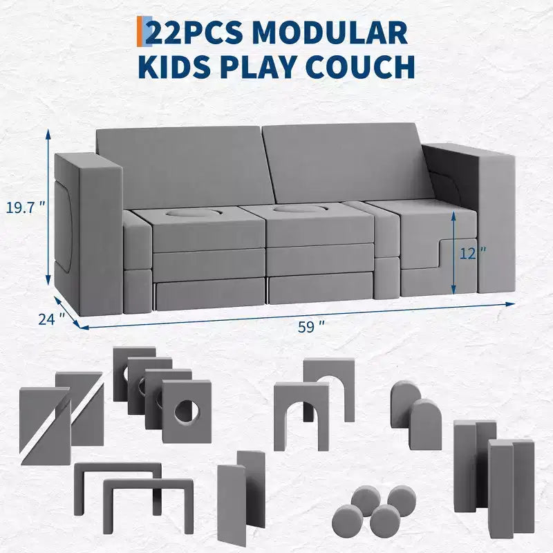 Canapé de jeu modulaire 22 pièces pour enfants, canapé sectionnel convertible en mousse, ensemble de jeu de meubles imaginatifs, pour garçons et filles