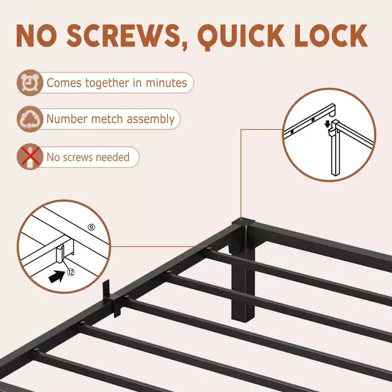 Cadre de lit simple 15 cm, plateforme métallique, support à lattes en fer durable, supporte jusqu'à 360 kg, espace de rangement sous le lit, pas besoin de sommier tapissier