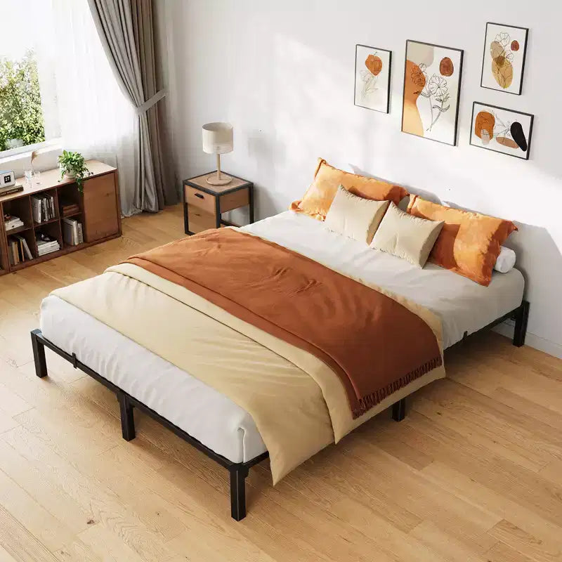 Cadre de lit simple 15 cm, plateforme métallique, support à lattes en fer durable, supporte jusqu'à 360 kg, espace de rangement sous le lit, pas besoin de sommier tapissier