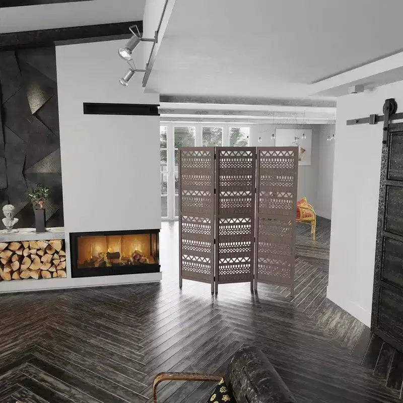 Royal Hampton 3 Panel Folding Mango Wood with Inticate Cut out Geometric Design Room Divider Screen