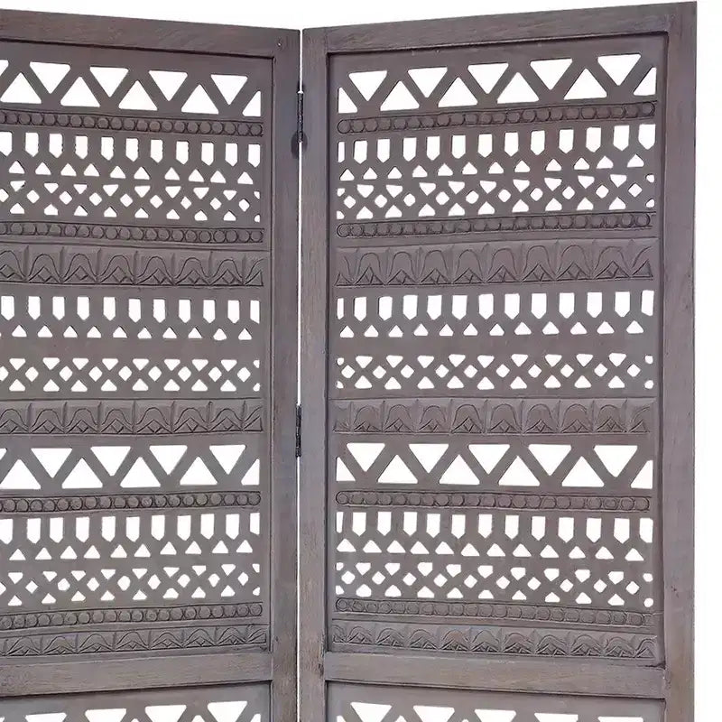 Paravent séparateur de pièce Royal Hampton à 3 panneaux pliant en bois de manguier avec motifs géométriques complexes découpés