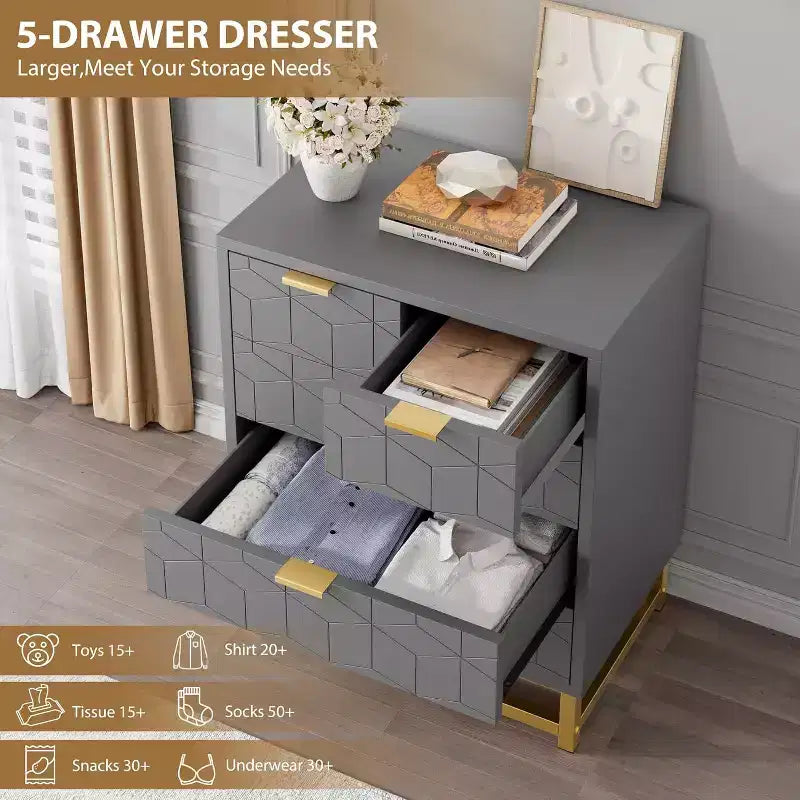Commode Zstar à cinq tiroirs avec pieds en métal