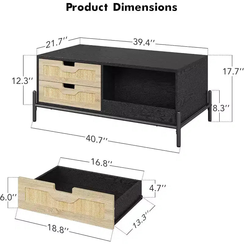 Table basse de ferme Acekool en rotin avec 2 tiroirs, meuble de rangement et étagère ouverte, table d'appoint rectangulaire à cadre métallique Noir et Chêne