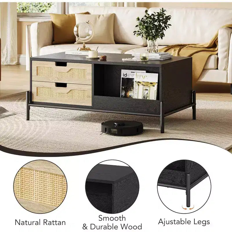 Table basse de ferme Acekool en rotin avec 2 tiroirs, meuble de rangement et étagère ouverte, table d'appoint rectangulaire à cadre métallique Noir et Chêne