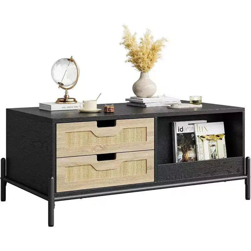 Table basse de ferme Acekool en rotin avec 2 tiroirs, meuble de rangement et étagère ouverte, table d'appoint rectangulaire à cadre métallique Noir et Chêne