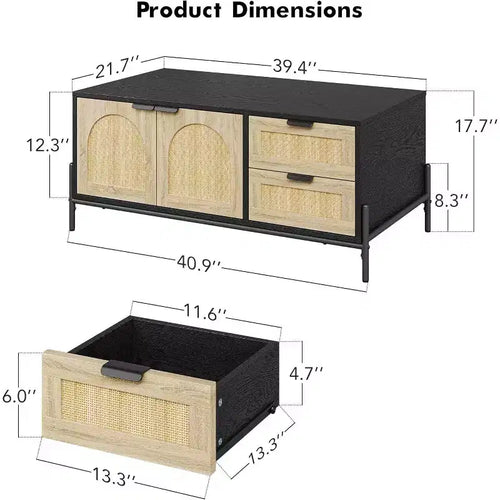 Table basse de ferme Acekool en rotin avec 2 tiroirs, meuble de rangement et étagère ouverte, table d'appoint rectangulaire à cadre métallique Noir et Chêne