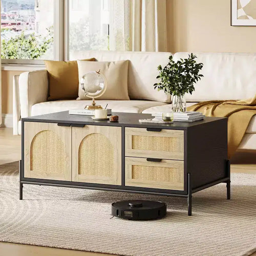 Acekool Farmhouse Rattan Coffee Table with 2 Drawers, Storage Cabinet & Open Shelf, Metal Frame Rectangle End Table  Black & Oak