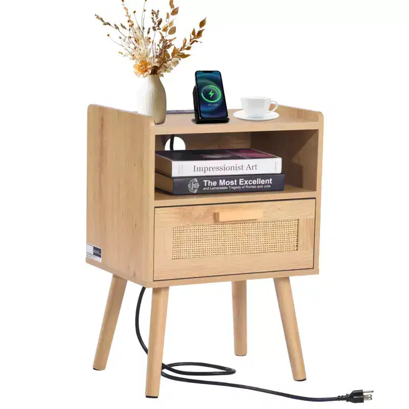 VEVOR Rattan Nightstand, Boho Bedside Table with Drawer Open Shelf, Rattan End Table Wooden Nightstand with Solid Wood Legs, Natural