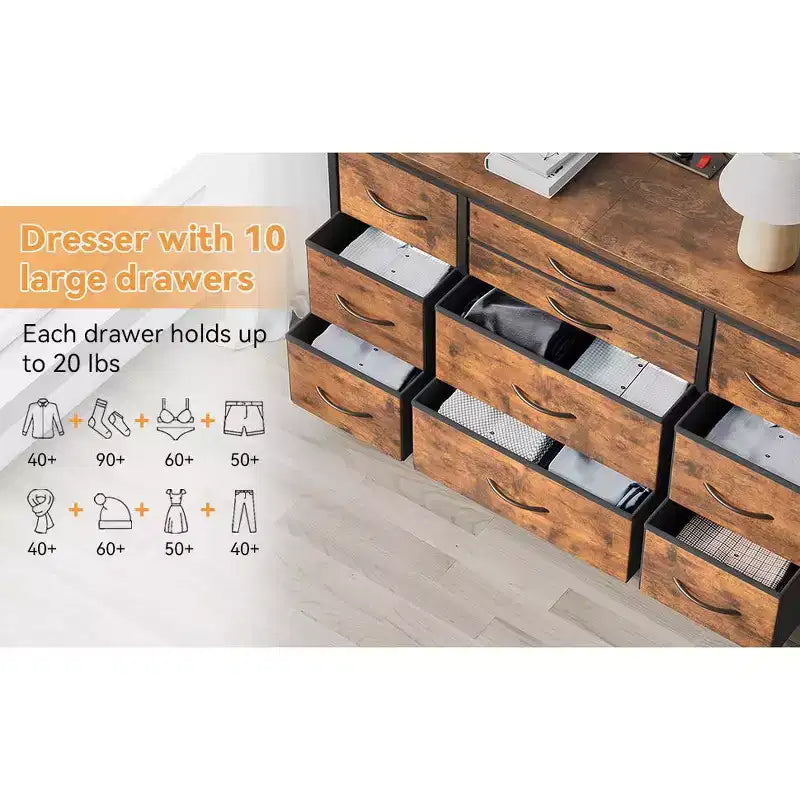 Meuble TV pour téléviseur 55'' avec prise de courant, meuble de rangement, commode avec 10 grands tiroirs