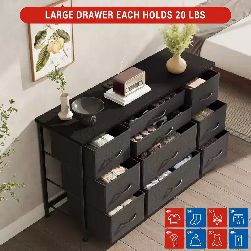 Meuble TV pour téléviseur 55'' avec prise de courant, meuble de rangement, commode avec 10 grands tiroirs