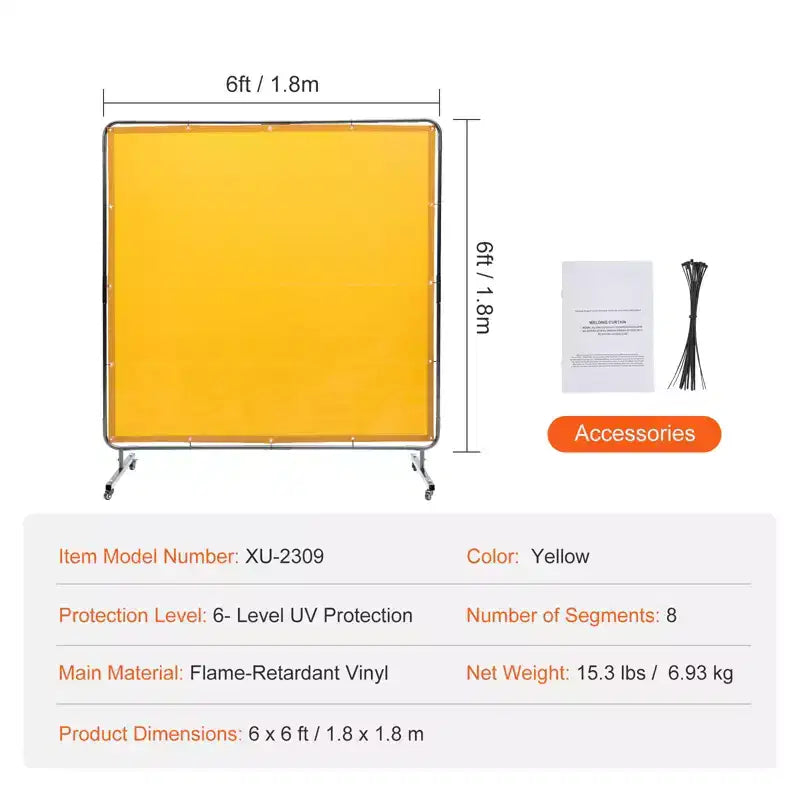 Écran de soudage VEVOR avec cadre, écran de soudage 1,8 x 1,8 m, écran de protection de soudage en vinyle ignifuge sur 4 roulettes pivotantes, jaune