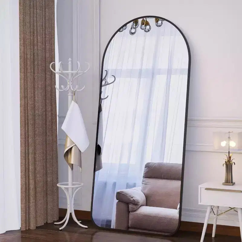 Miroir en pied Acekool 71x32 avec cadre en aluminium noir, grand miroir autoportant pour salon, chambre, entrée